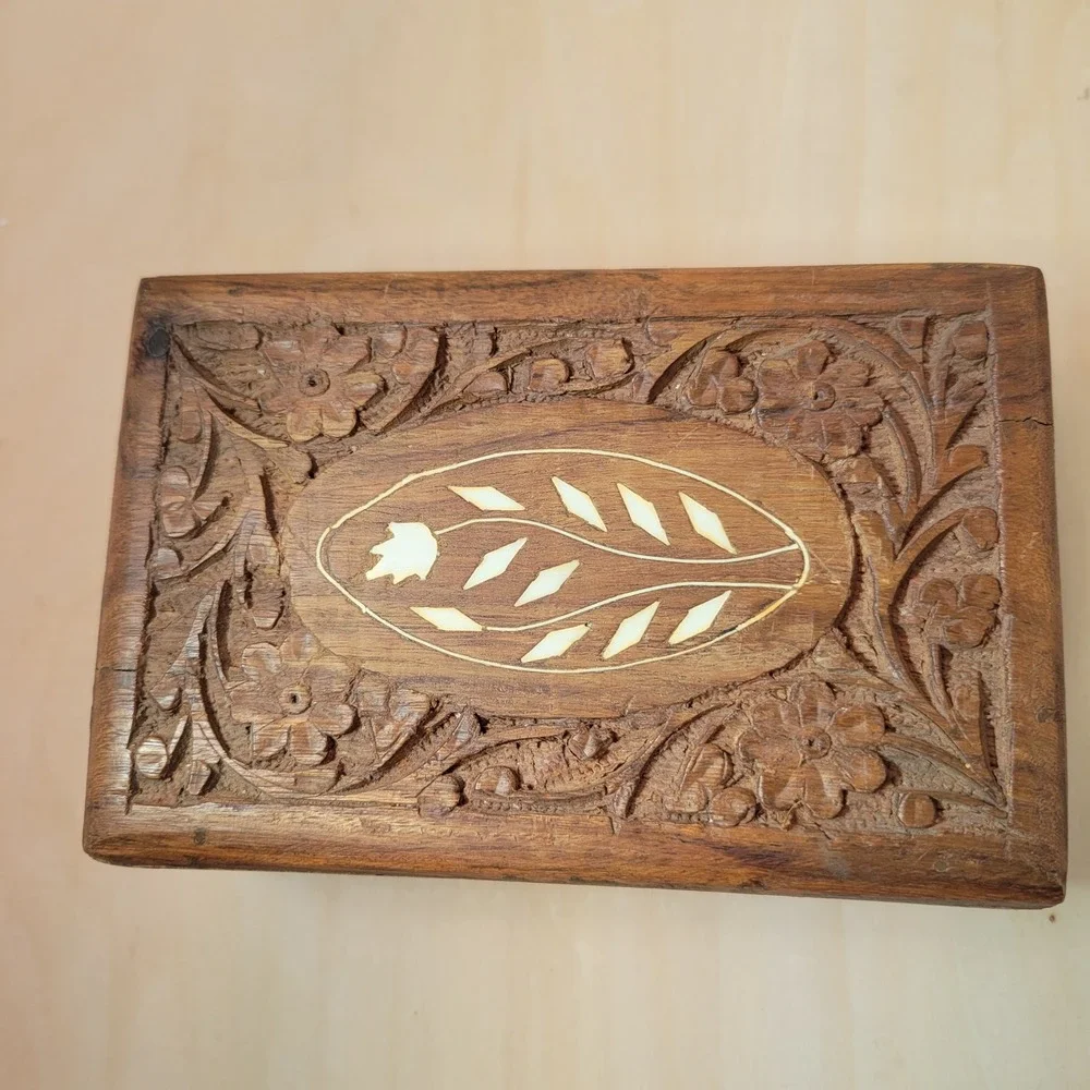 Vintage Carved‎ Wood Trinket Box Jewelry Keepsake Decorative Storage India